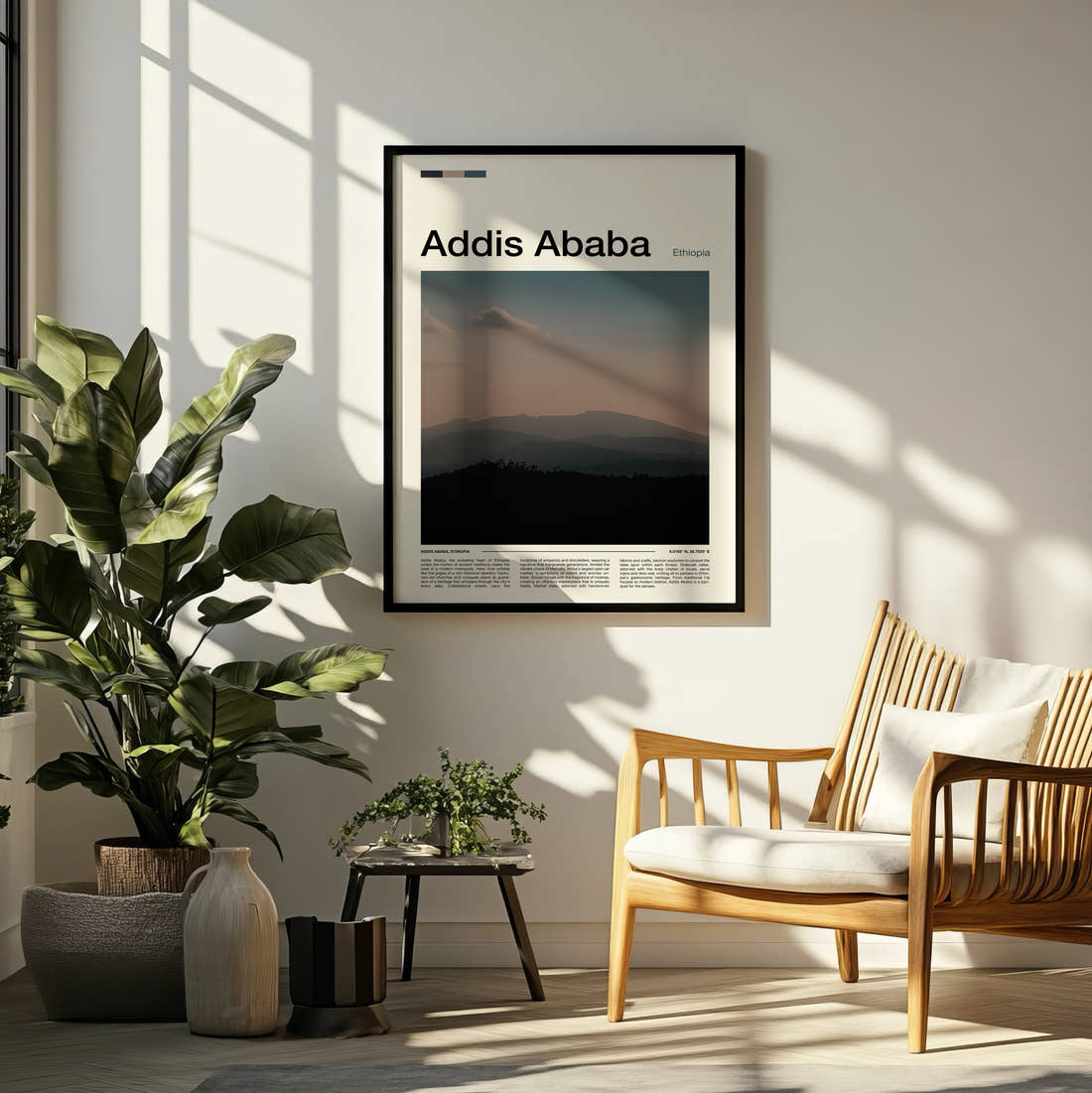 Addis Ababa Hazy Mountains Travel Print framed on a pale wall beside houseplants