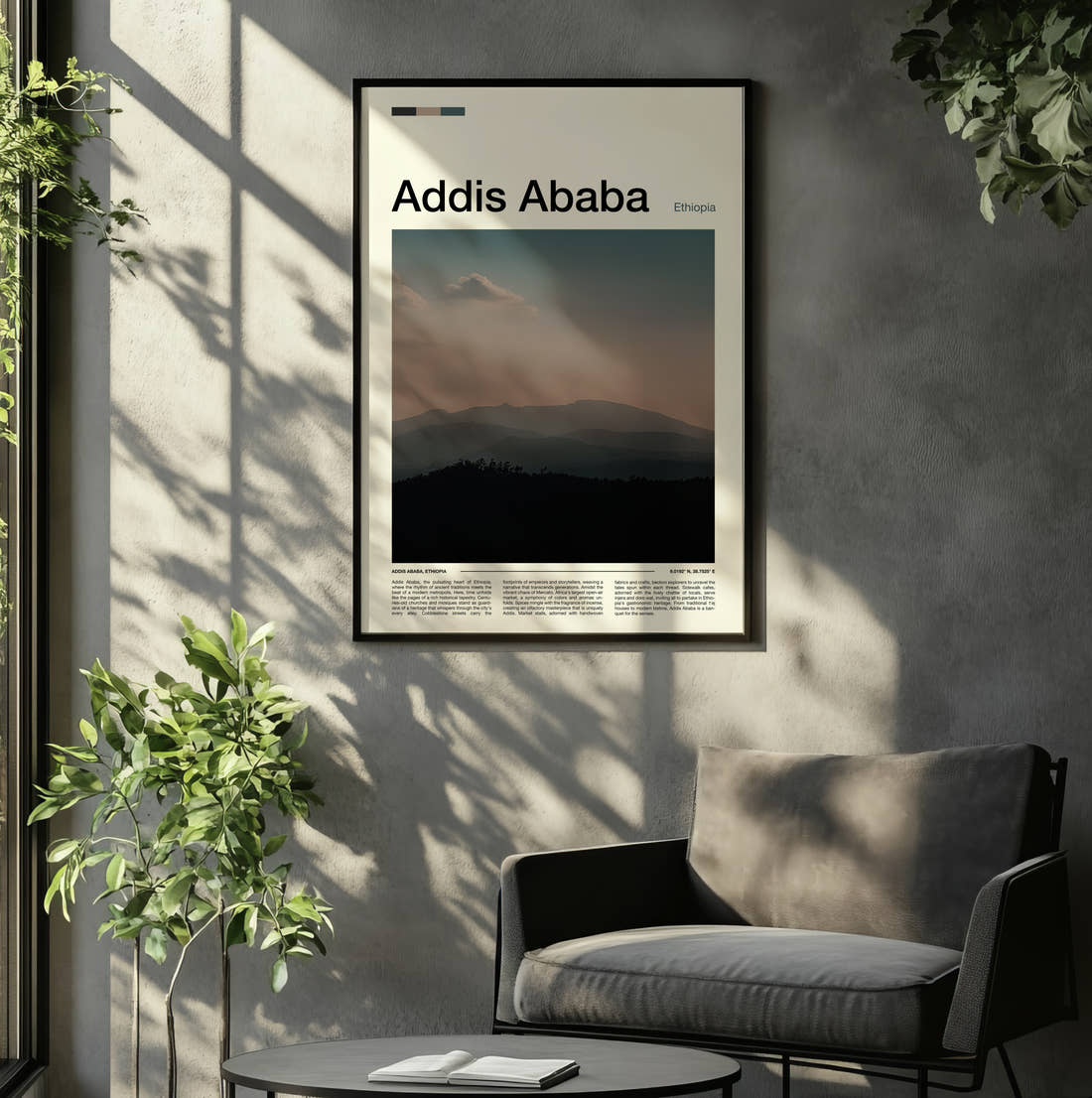 Addis Ababa Hazy Mountains Travel Print framed on the wall of a relaxed living room