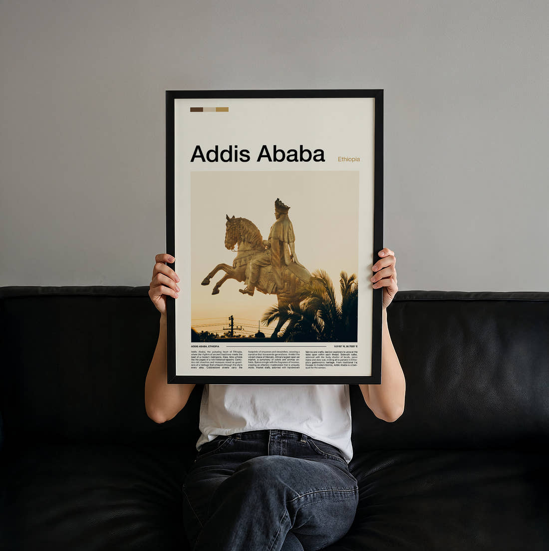 Addis Ababa Menelik II Statue Travel Print held up by hand to show the size of the print