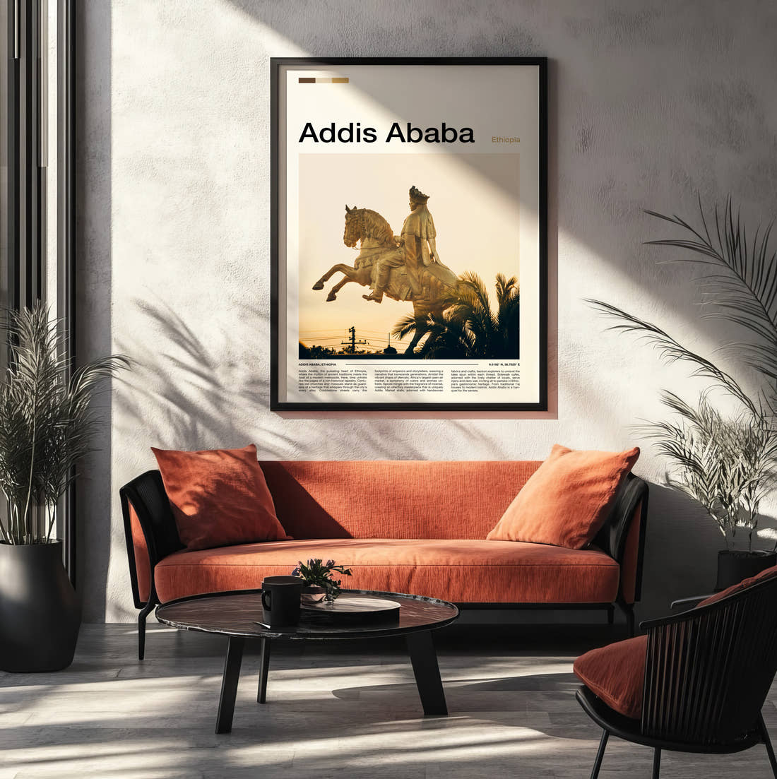 Addis Ababa Menelik II Statue Travel Print framed on the wall of a modern living room