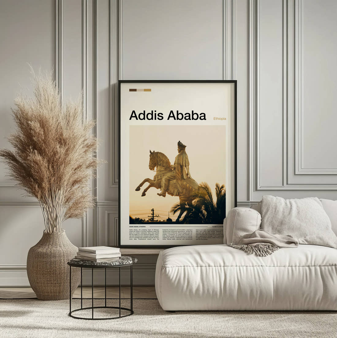 Addis Ababa Menelik II Statue Travel Print framed on the wall of a calm, neutral bedroom