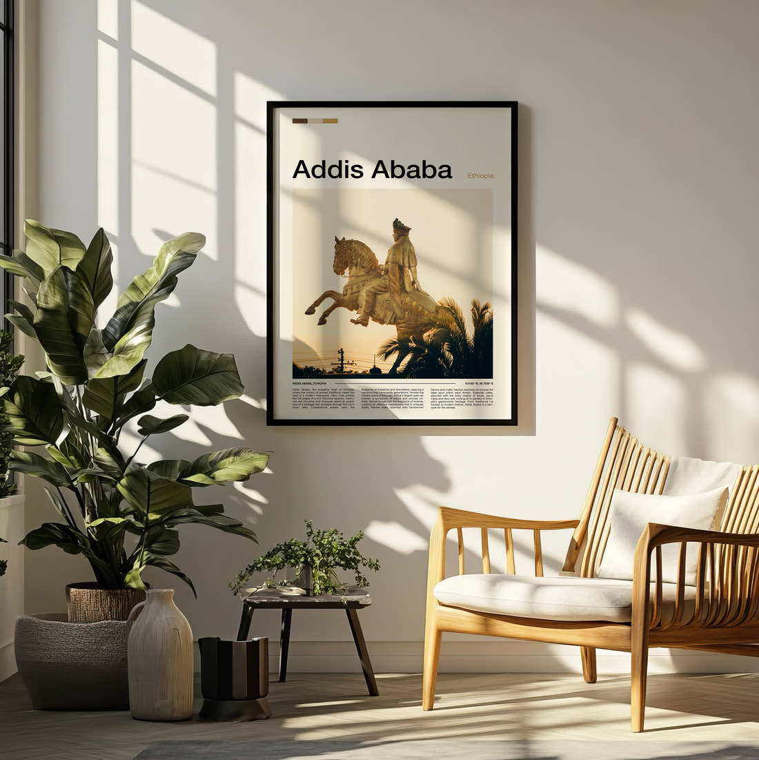 Addis Ababa Menelik II Statue Travel Print framed on a pale wall beside houseplants