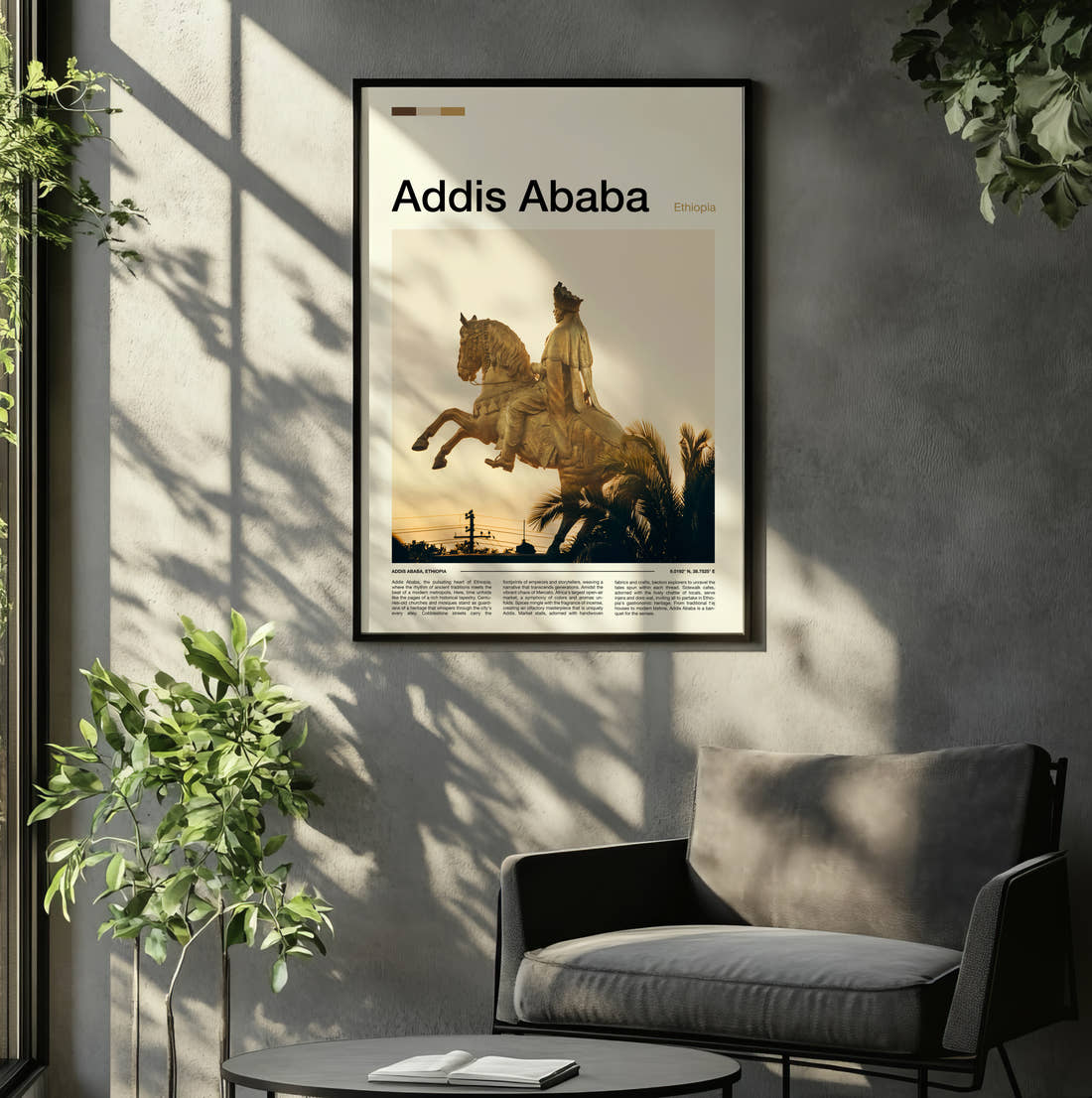 Addis Ababa Menelik II Statue Travel Print framed on the wall of a relaxed living room