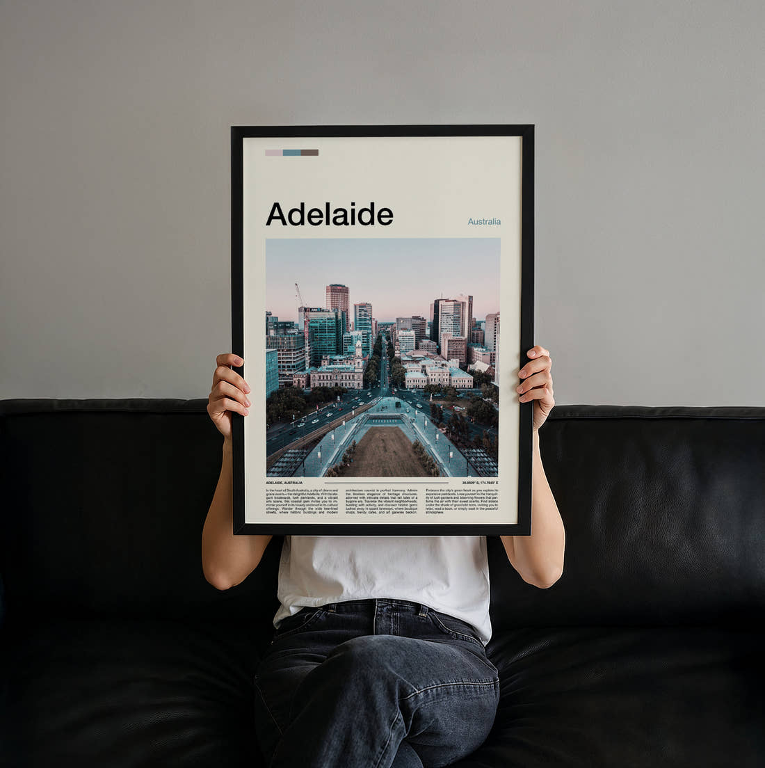 Adelaide Travel Print held up by hand to show the size of the print