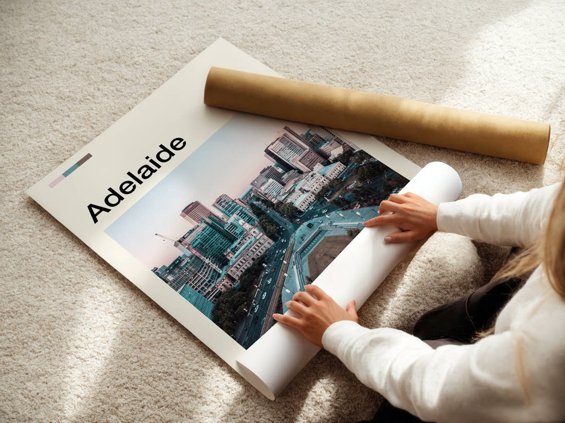 Adelaide Travel Print being unrolled from its postal tube