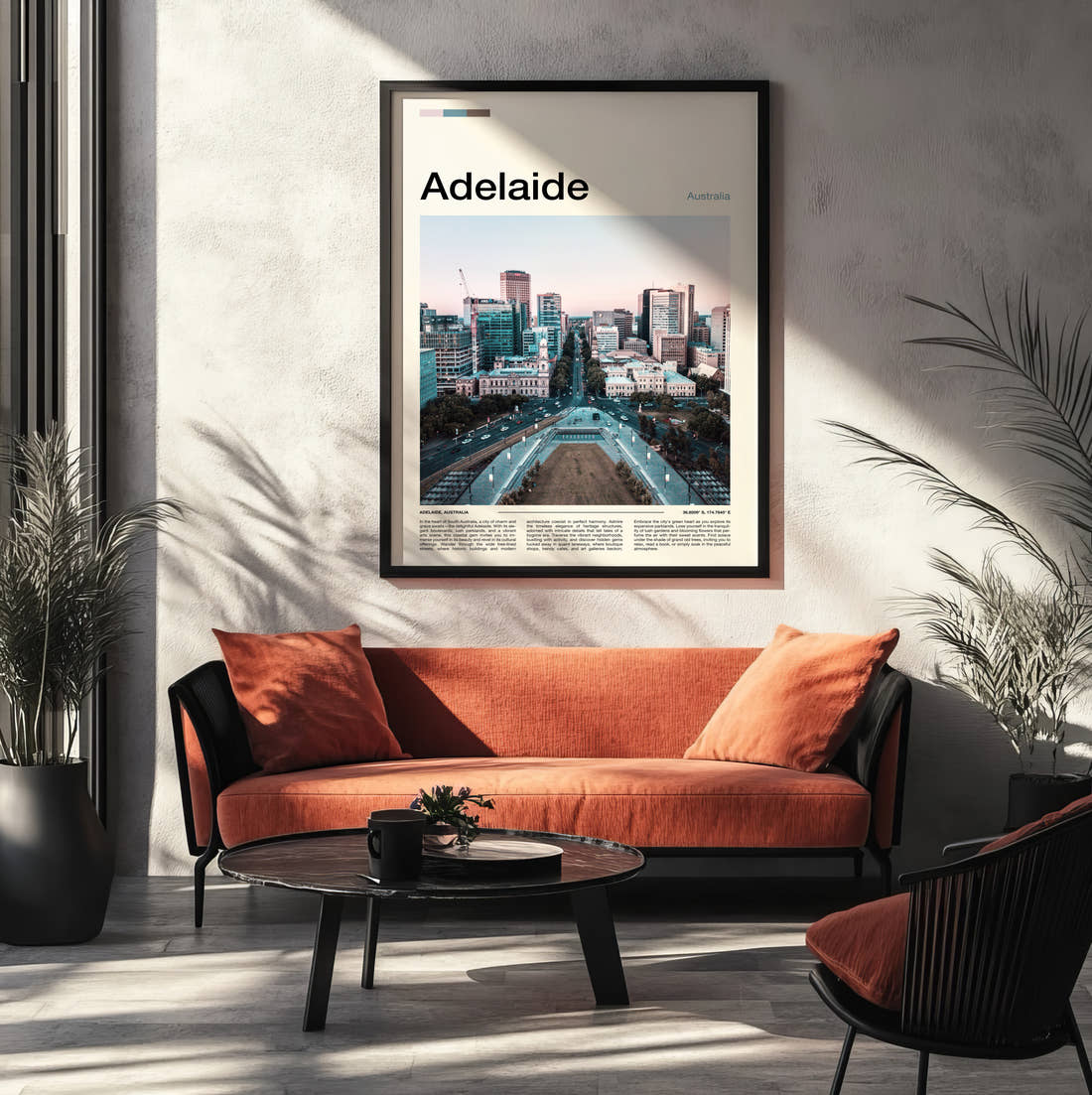Adelaide Travel Print framed on the wall of a modern living room