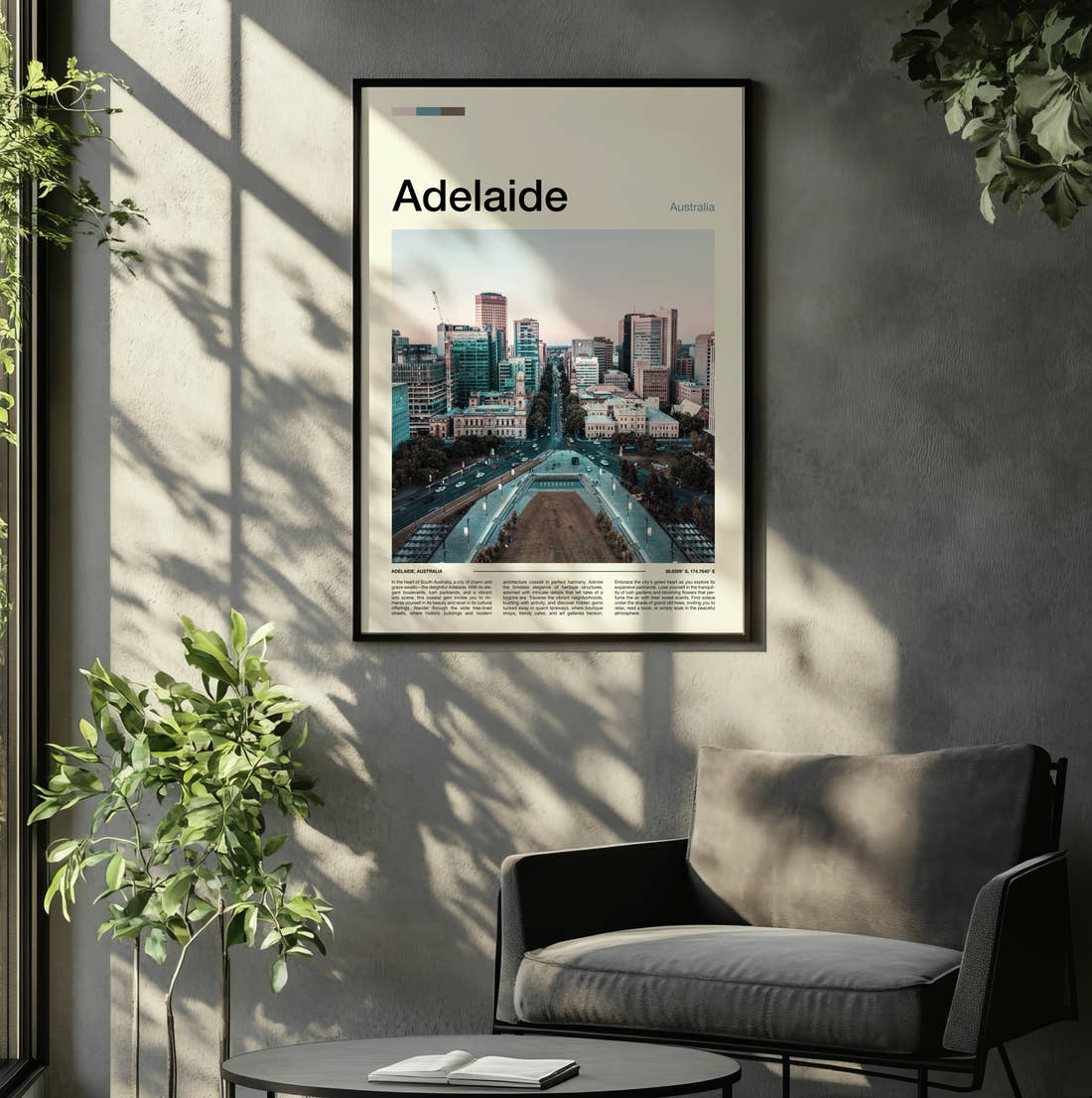 Adelaide Travel Print framed on the wall of a relaxed living room