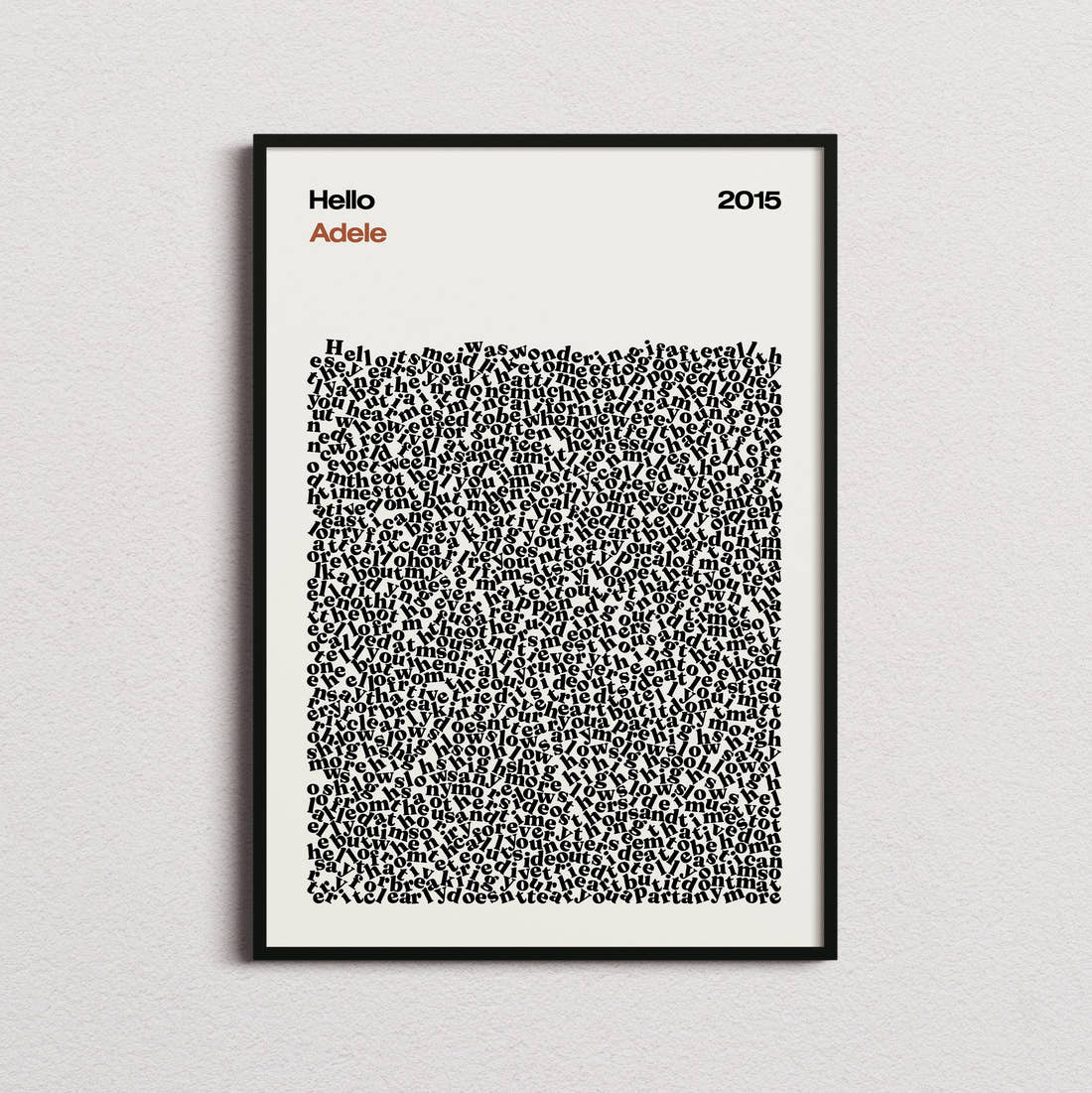 Adele Hello Lyric Print in the cream colourway, framed