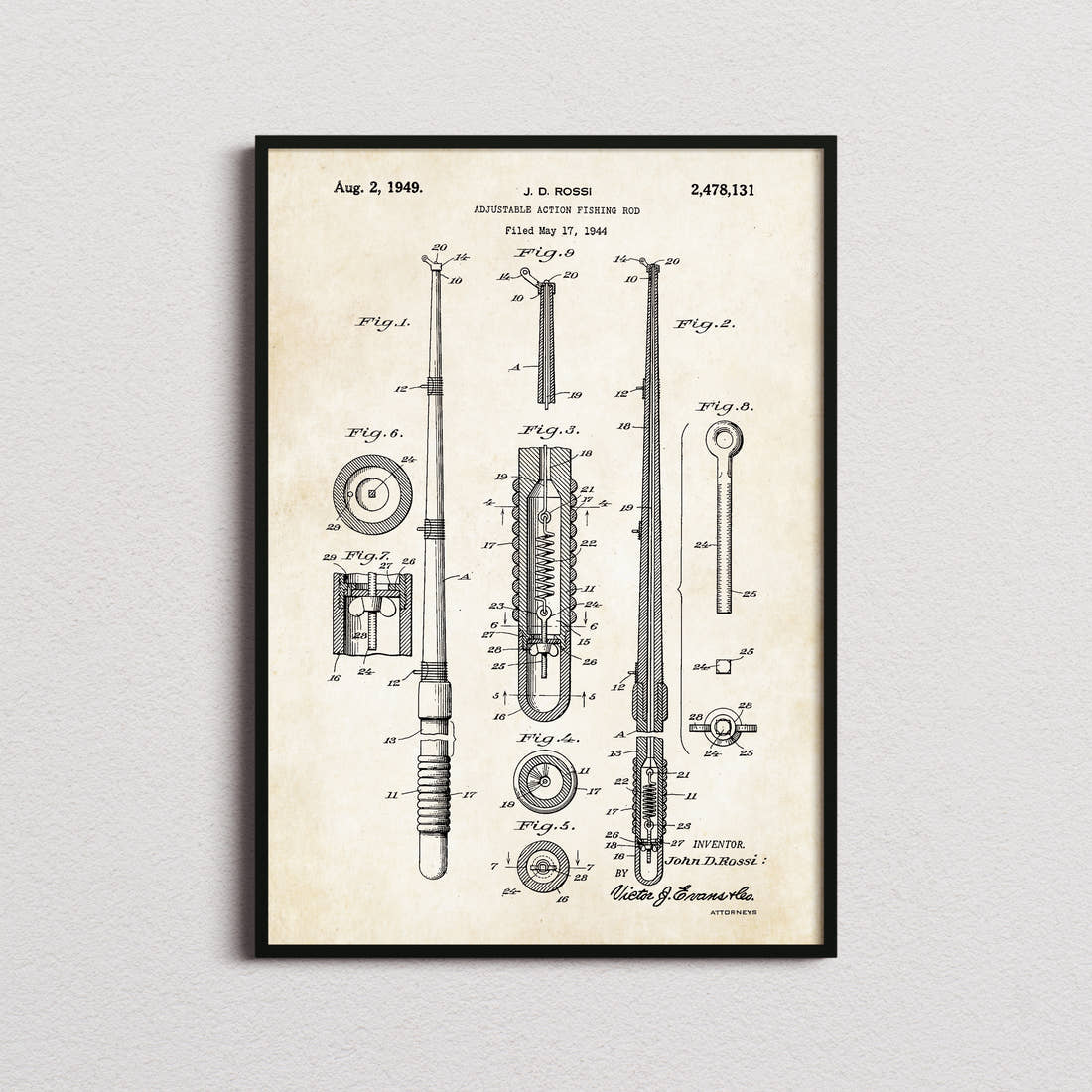 Fishing Rod Patent Print in the aged paper colourway, framed