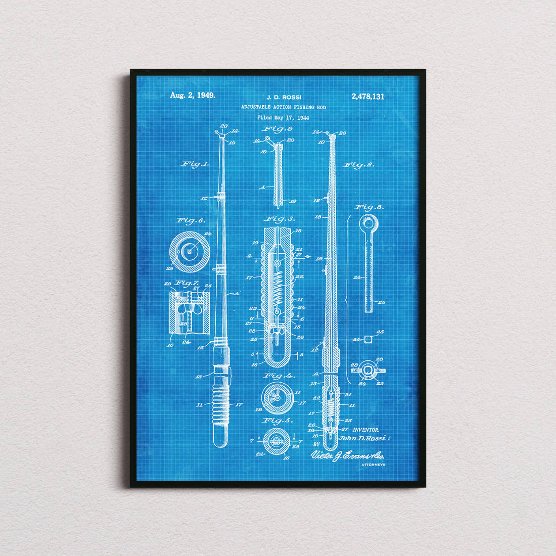 Fishing Rod Patent Print in the blueprint colourway, framed