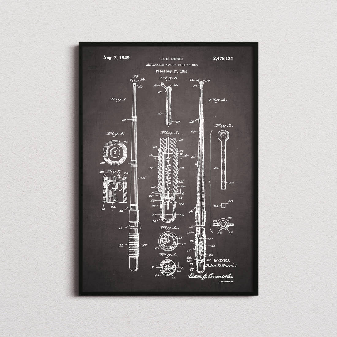 Fishing Rod Patent Print in the blackboard colourway, framed