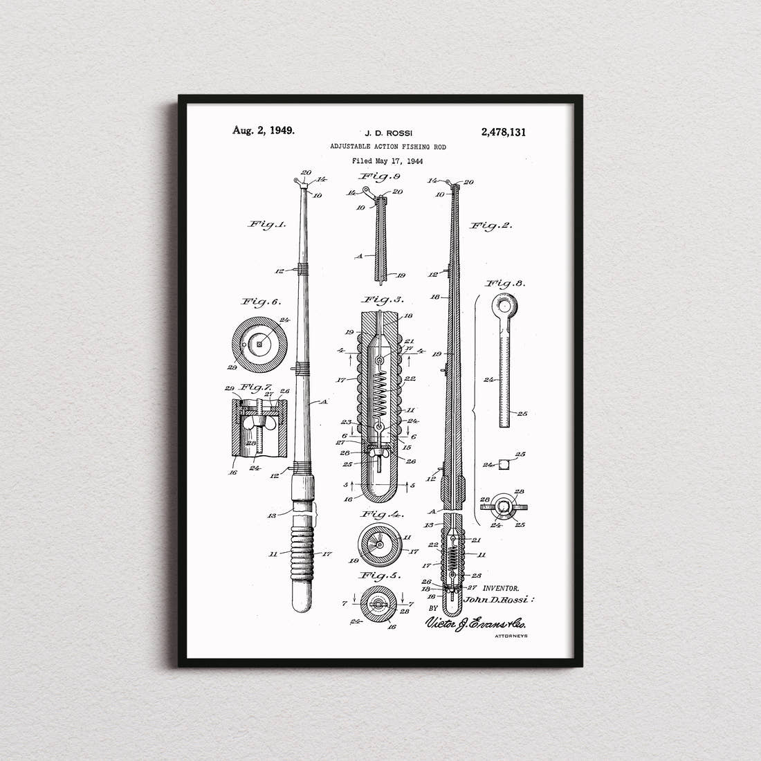 Fishing Rod Patent Print in the white colourway, framed