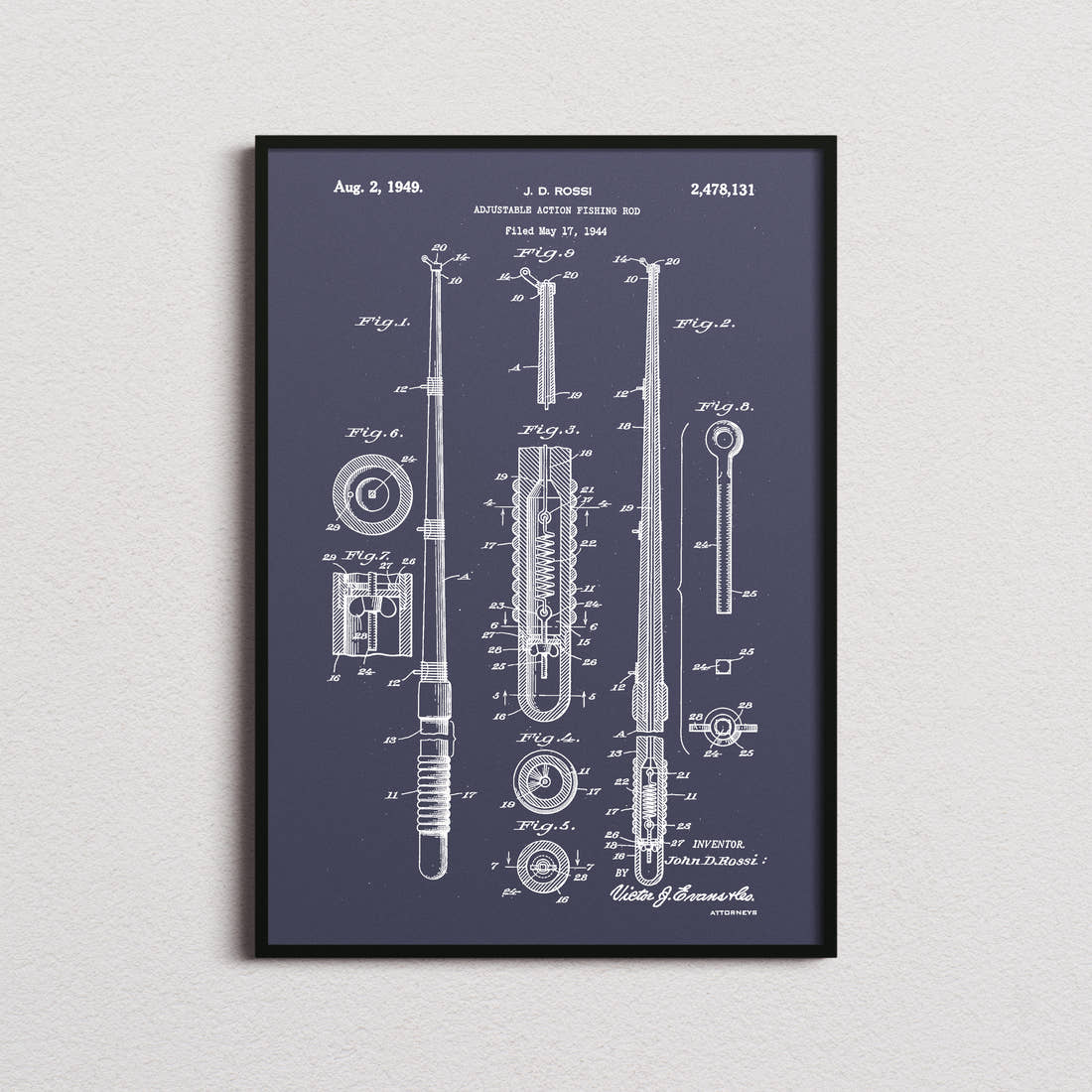 Fishing Rod Patent Print in the navy colourway, framed