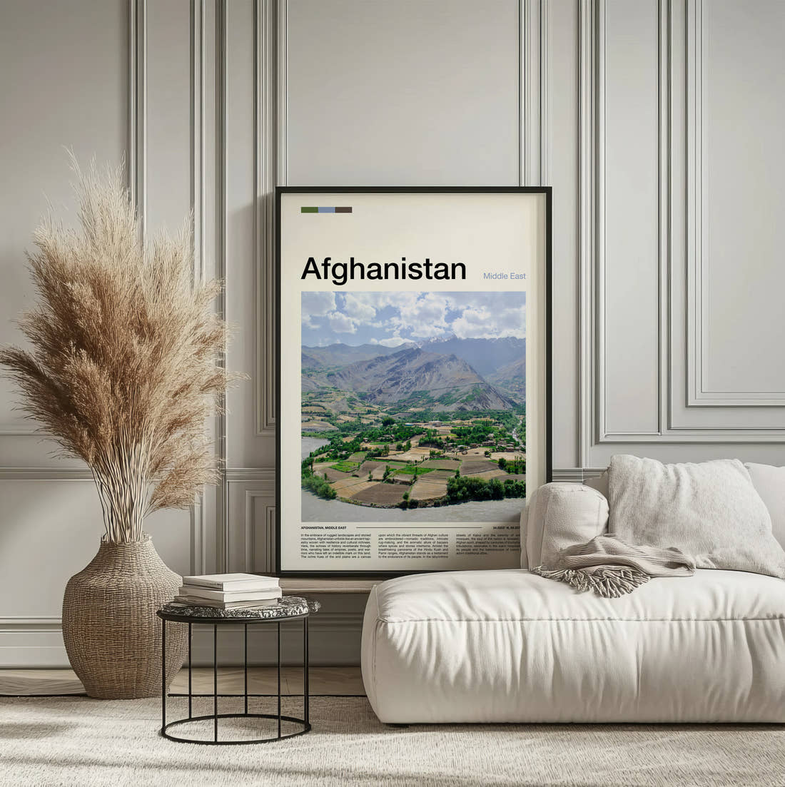 Afghanistan Green Valley Travel Print framed on the wall of a calm, neutral bedroom