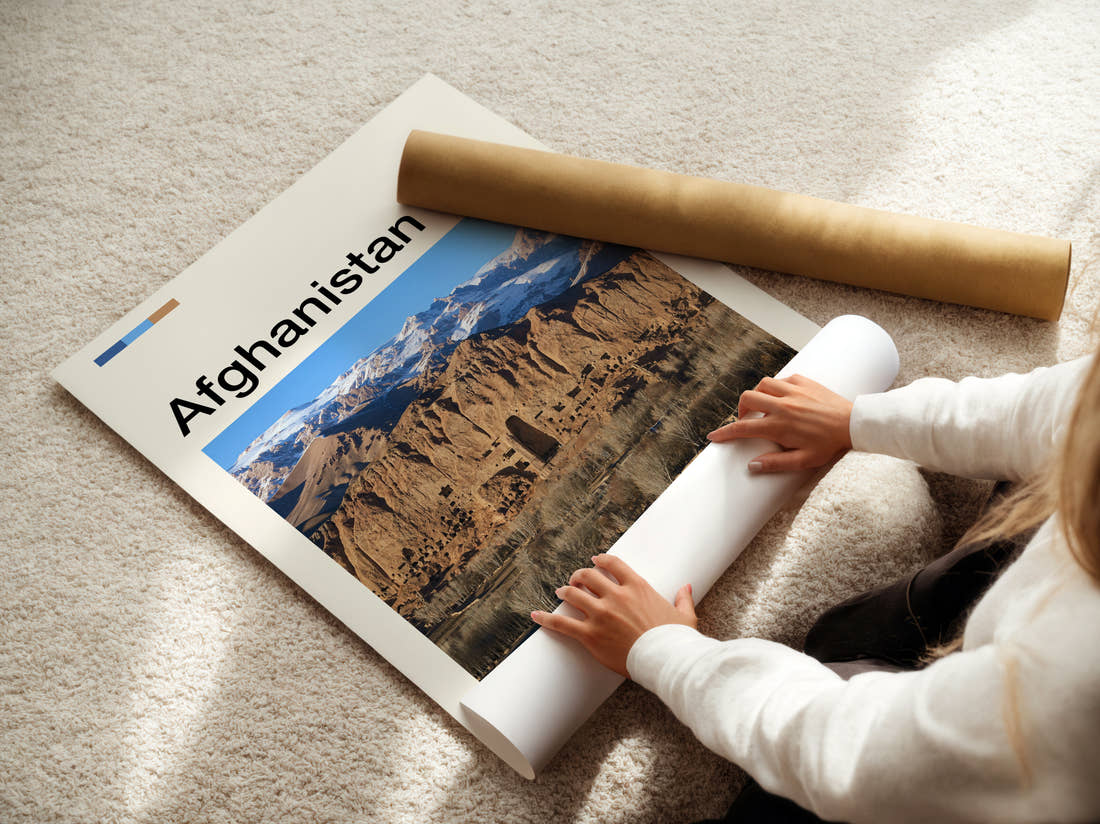 Afghanistan Bamiyan Buddha Cliffs Travel Print being unrolled from its postal tube