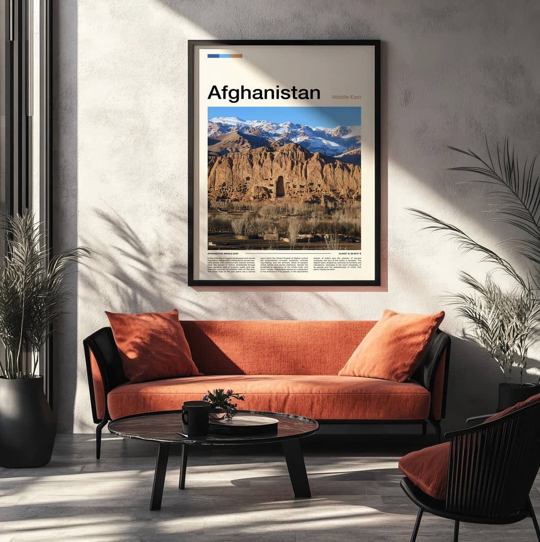 Afghanistan Bamiyan Buddha Cliffs Travel Print framed on the wall of a modern living room