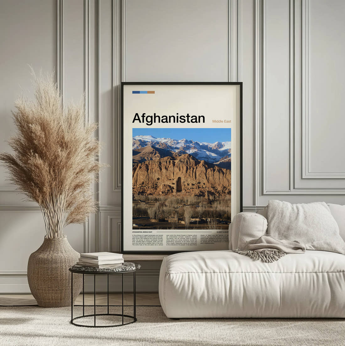 Afghanistan Bamiyan Buddha Cliffs Travel Print framed on the wall of a calm, neutral bedroom