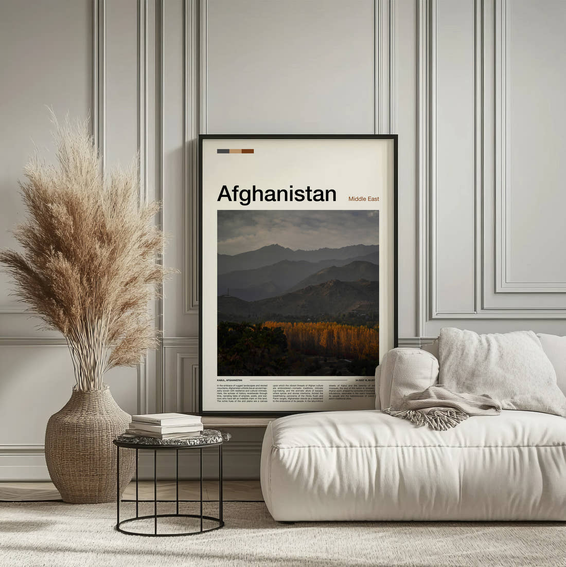 Afghanistan Autumn Trees Below Mountains Travel Print framed on the wall of a calm, neutral bedroom