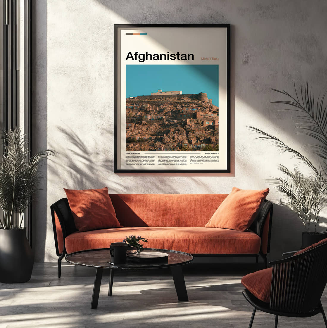 Afghanistan Houses On The Hillside Travel Print framed on the wall of a modern living room