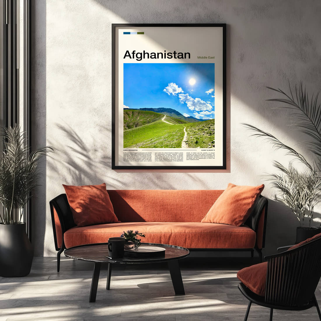 Afghanistan Green Hillside Path Travel Print framed on the wall of a modern living room