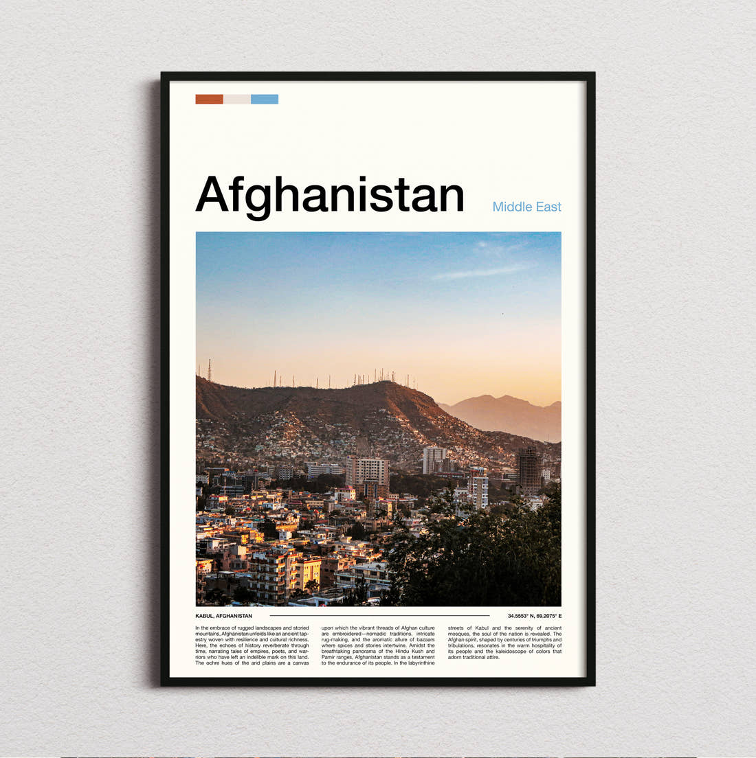 Afghanistan City Below Mountains Travel Print framed and photographed straight on