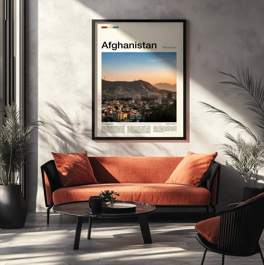 Afghanistan City Below Mountains Travel Print framed on the wall of a modern living room
