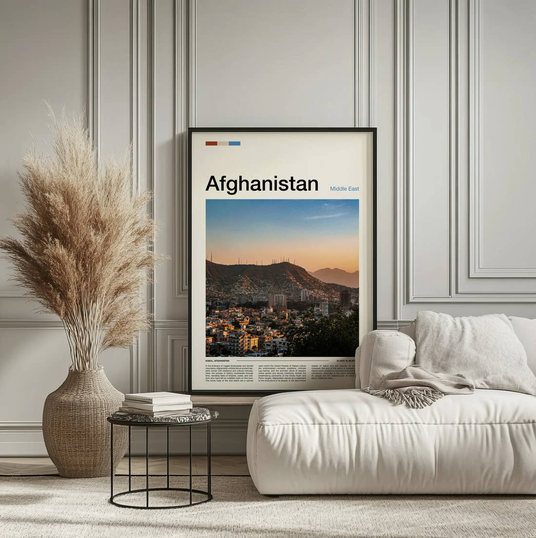 Afghanistan City Below Mountains Travel Print framed on the wall of a calm, neutral bedroom