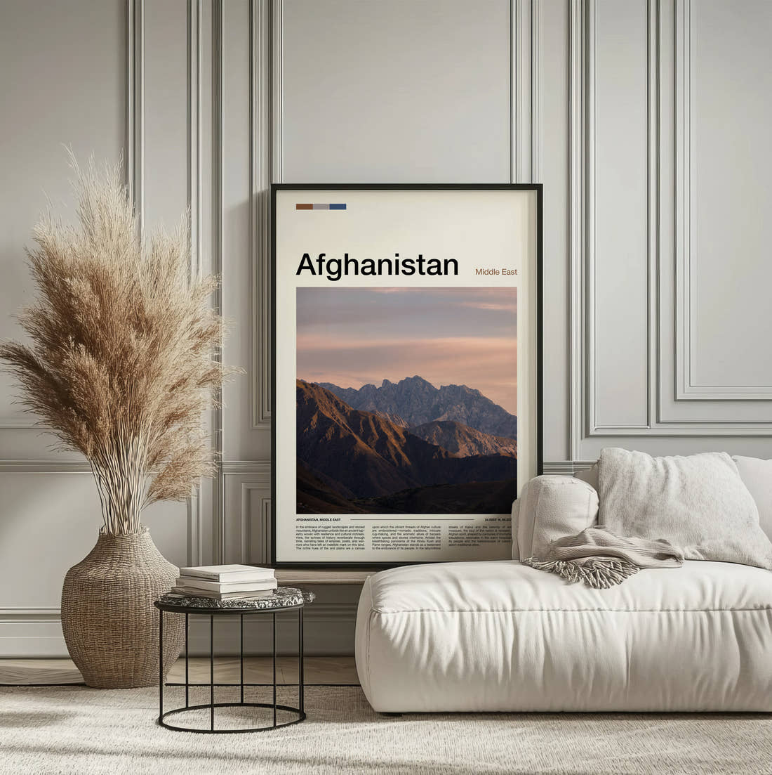 Afghanistan Rugged Mountains Travel Print framed on the wall of a calm, neutral bedroom