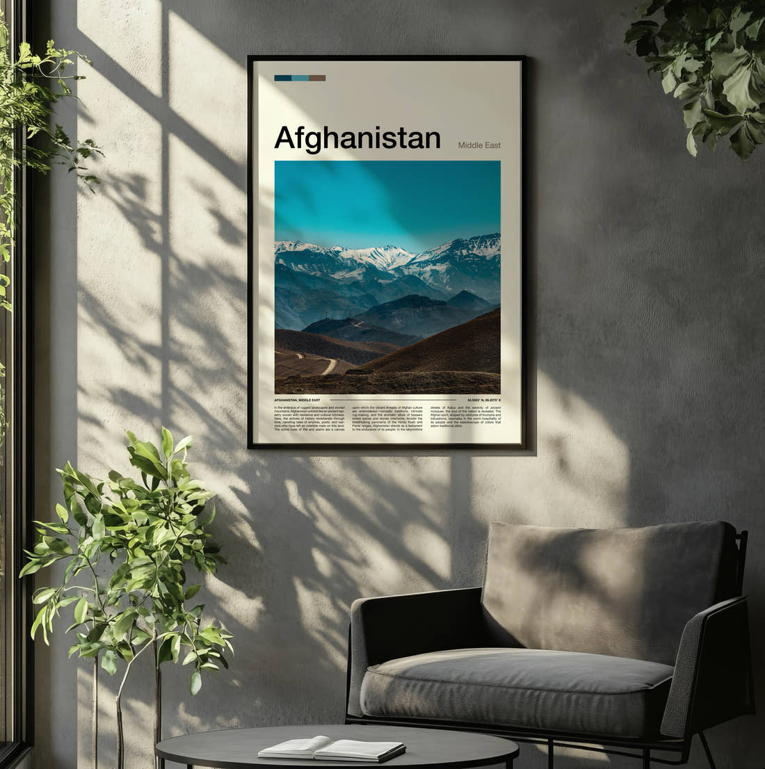Afghanistan Snow Capped Mountain Range Travel Print framed on the wall of a relaxed living room
