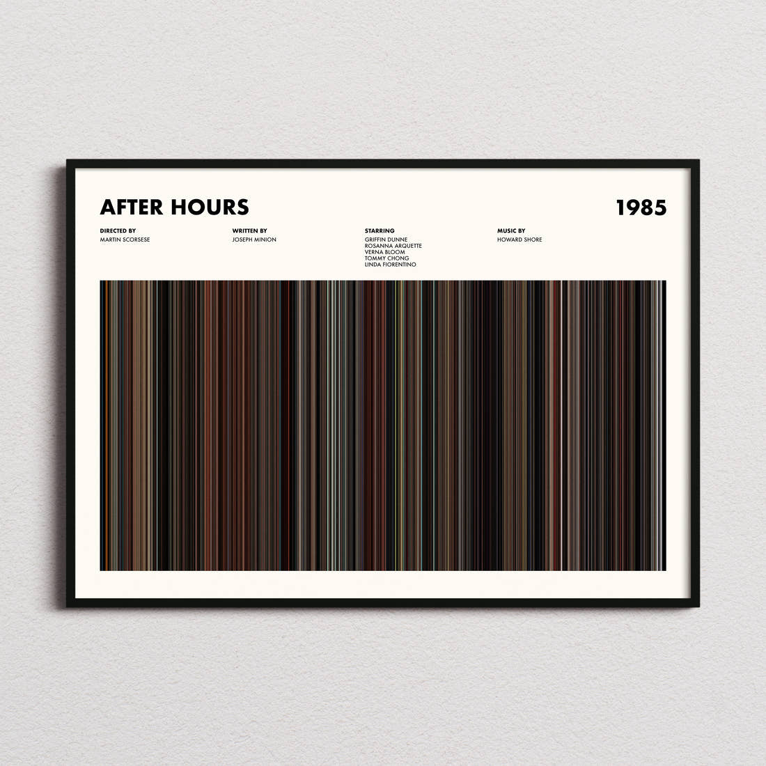 After Hours Movie Barcode Poster framed and photographed straight on