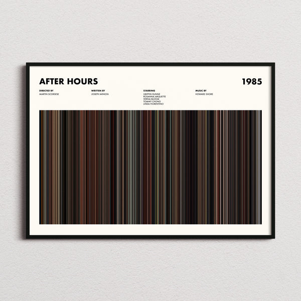 After Hours Movie Barcode Poster framed and photographed straight on