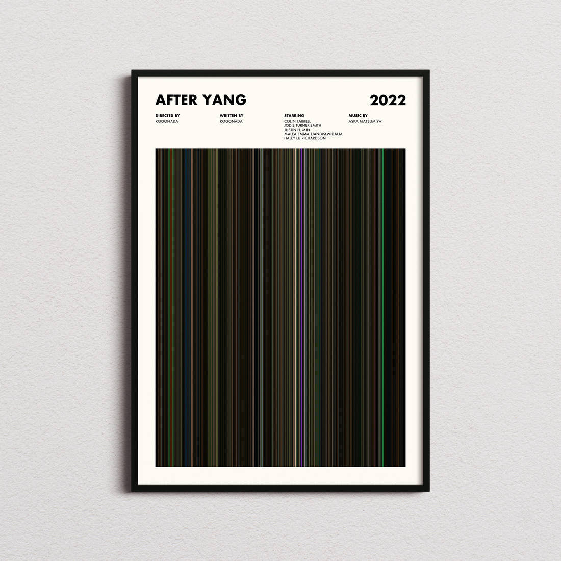 After Yang Movie Barcode Poster framed on a plain studio wall