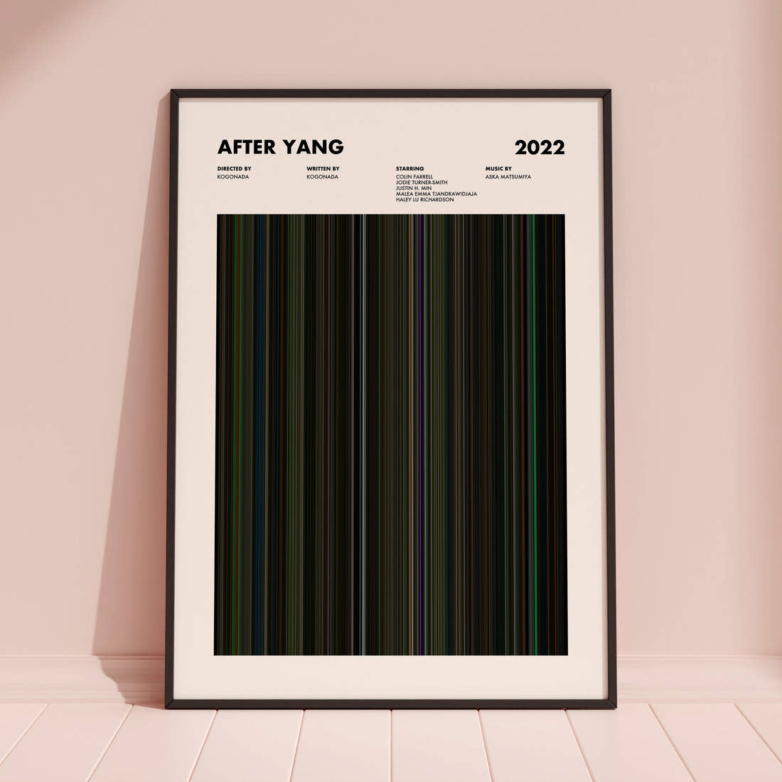 After Yang Movie Barcode Poster framed and leaning against a coloured wall