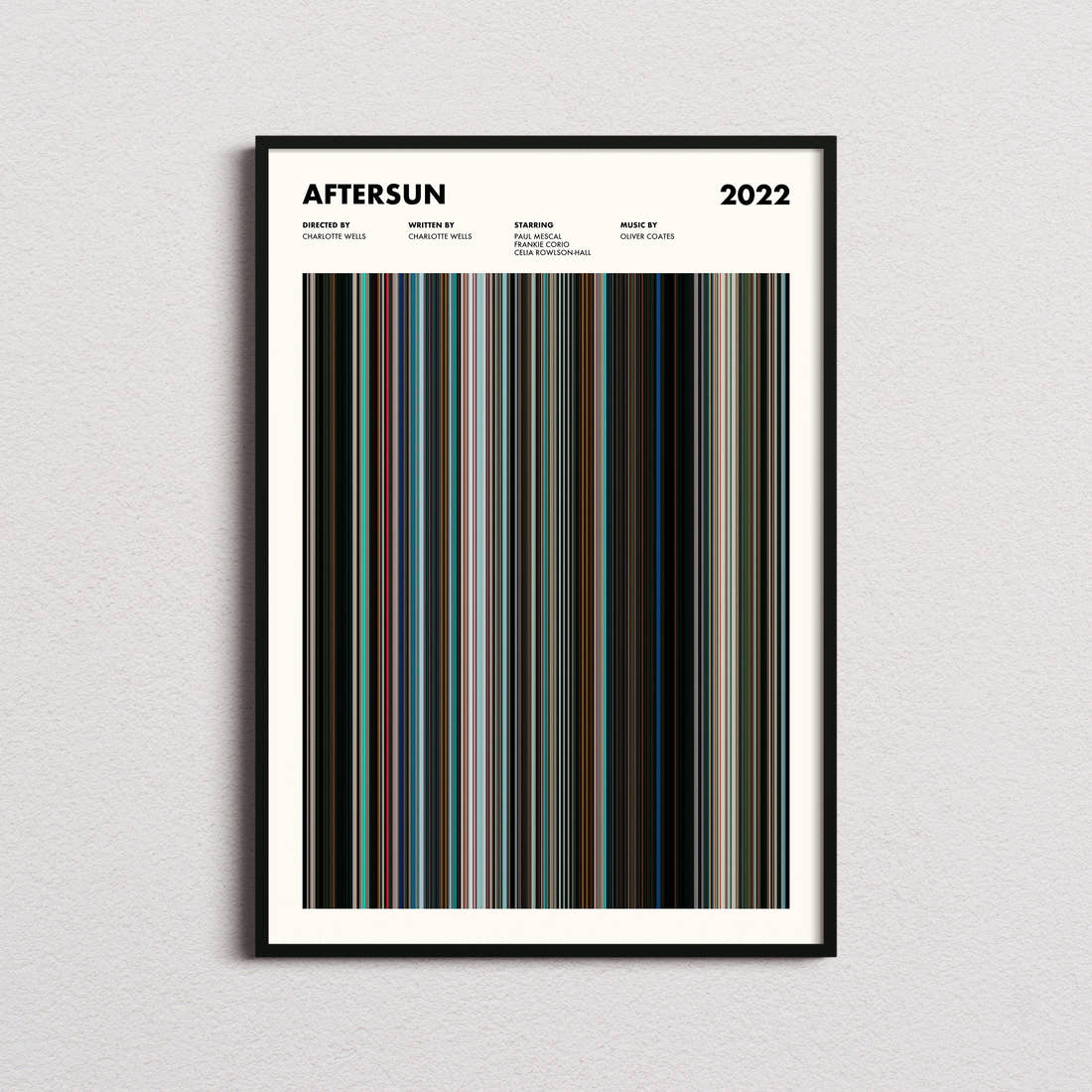 Aftersun Movie Barcode Poster framed on a plain studio wall