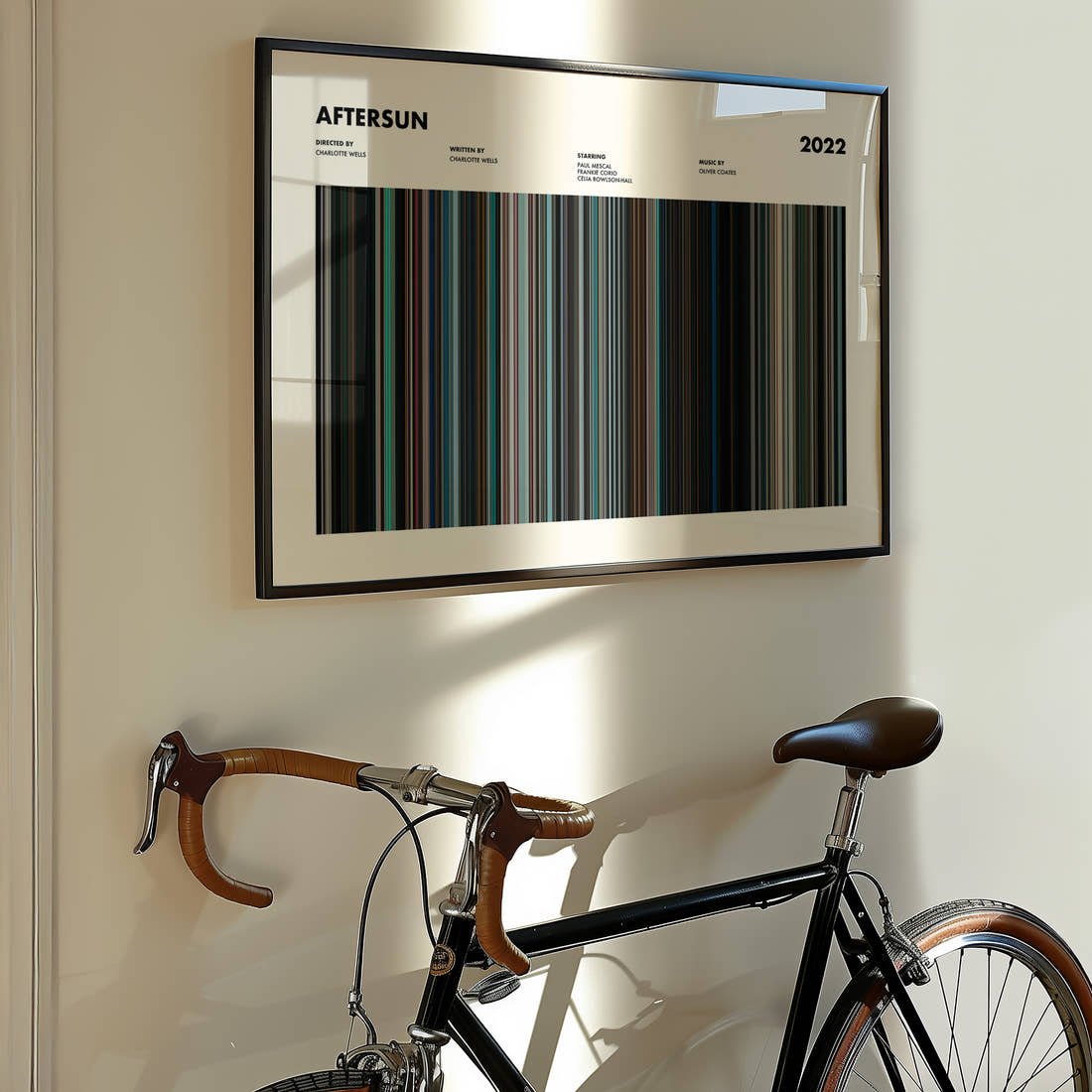 Aftersun Movie Barcode Poster framed on the wall of a styled room setting