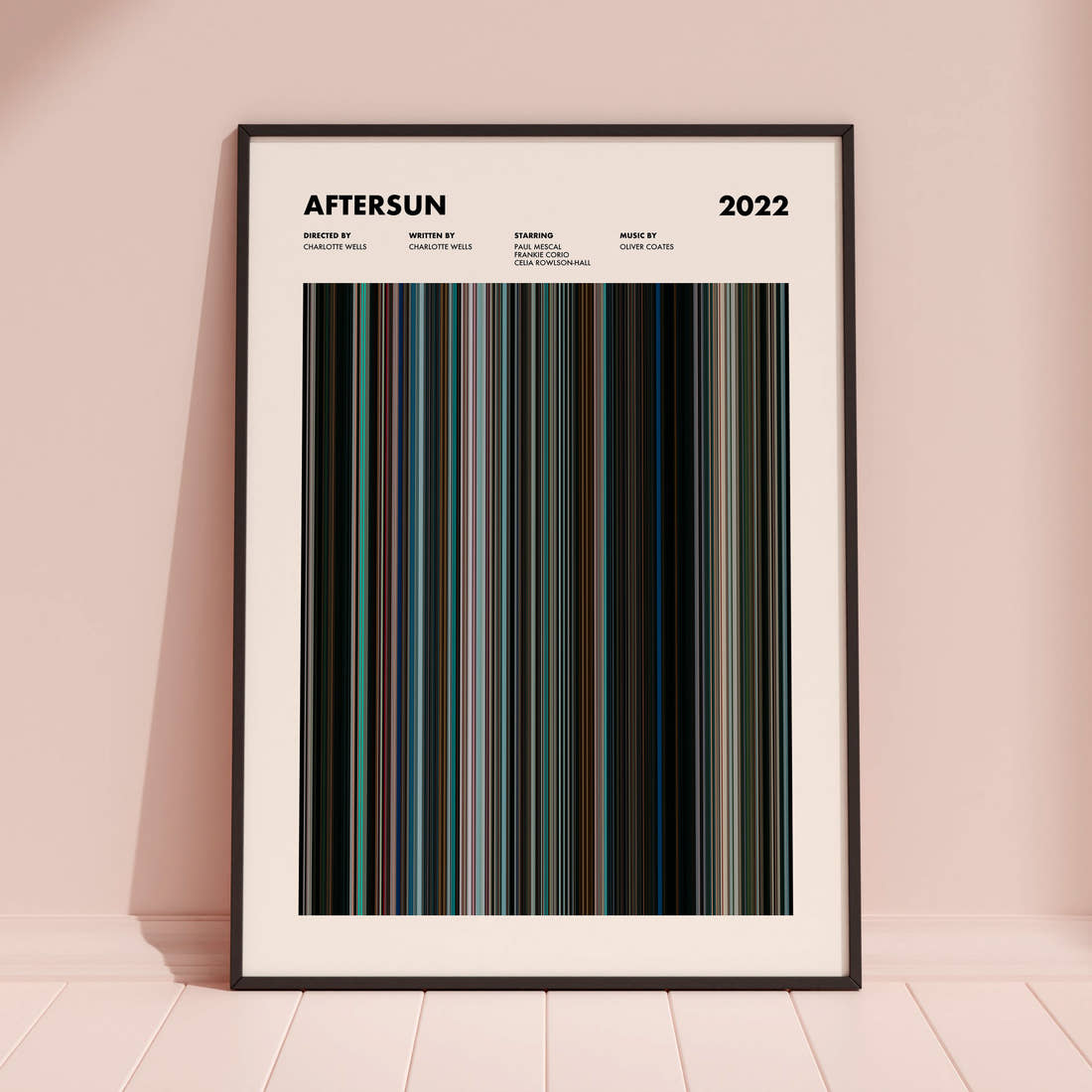 Aftersun Movie Barcode Poster framed and leaning against a coloured wall