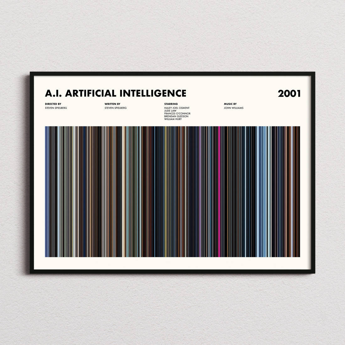 A.I. Artificial Intelligence Movie Barcode Poster framed and photographed straight on