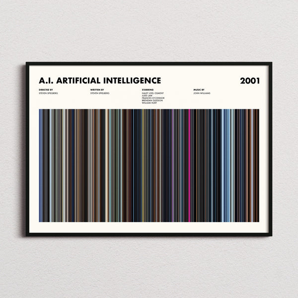A.I. Artificial Intelligence Movie Barcode Poster framed and photographed straight on