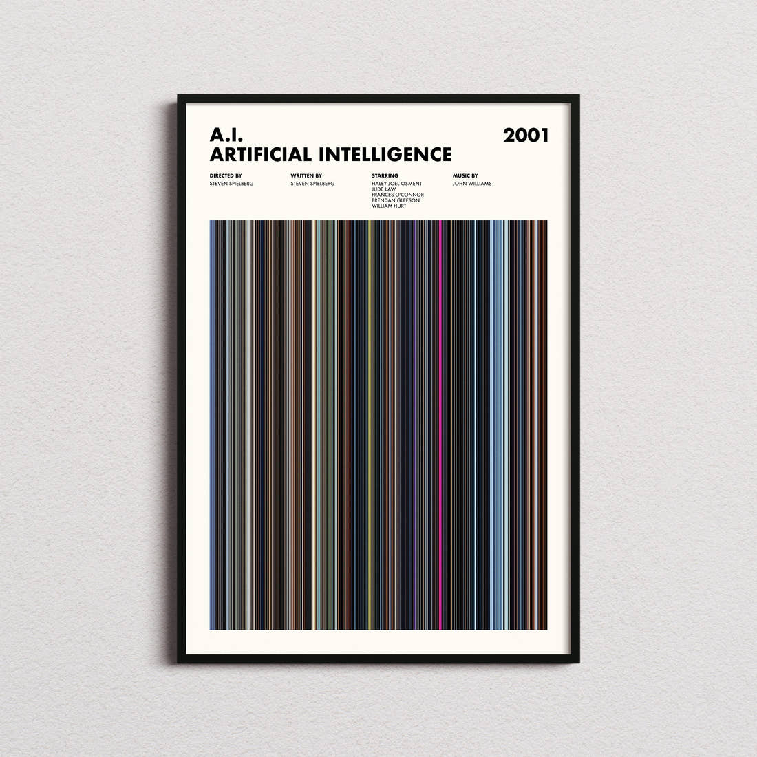 A.I. Artificial Intelligence Movie Barcode Poster framed on a plain studio wall