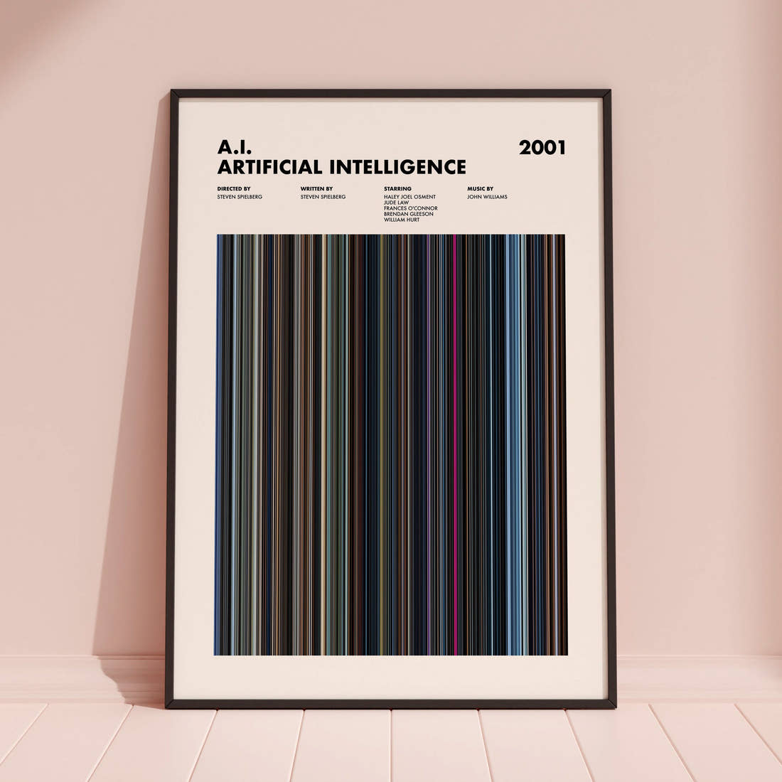 A.I. Artificial Intelligence Movie Barcode Poster framed and leaning against a coloured wall