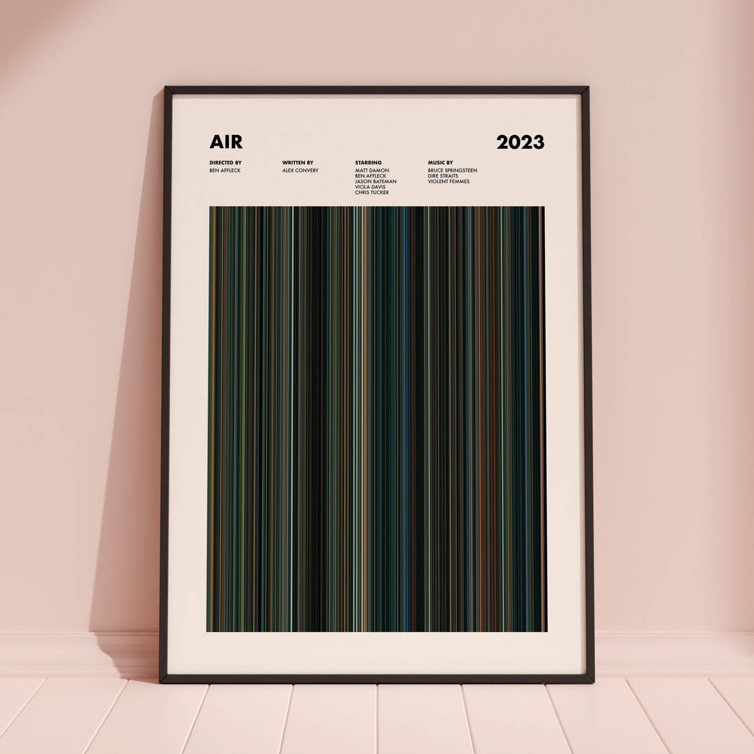 Air Movie Barcode Poster framed and leaning against a coloured wall