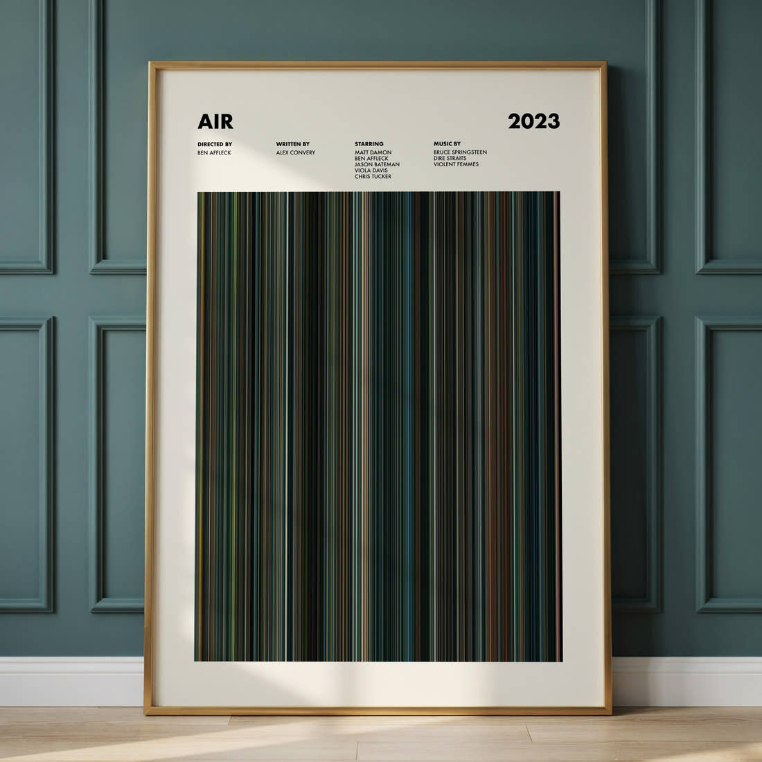 Air Movie Barcode Poster framed and leaning against a panelled wall