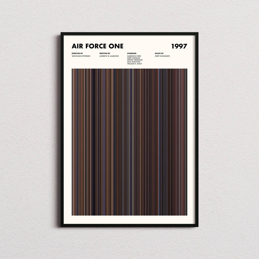 Air Force One Movie Barcode Poster framed on a plain studio wall