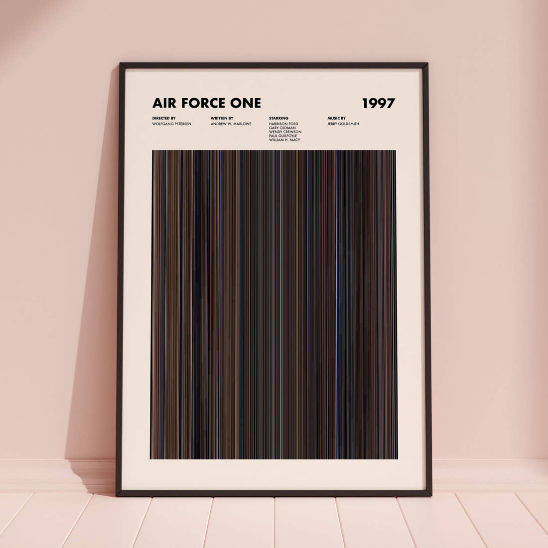 Air Force One Movie Barcode Poster framed and leaning against a coloured wall