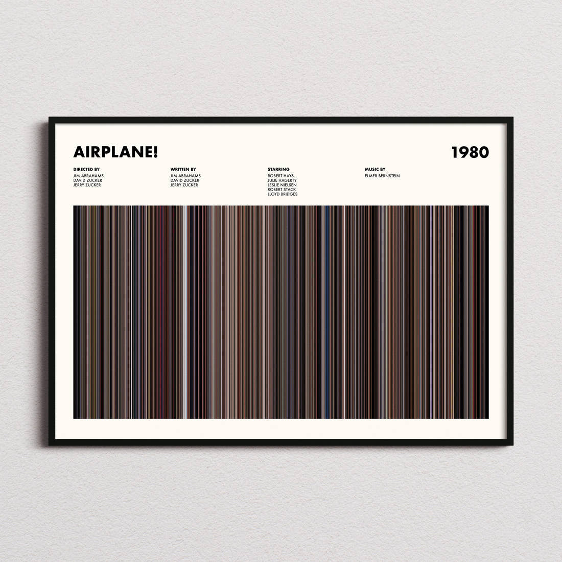 Airplane! Movie Barcode Poster framed and photographed straight on