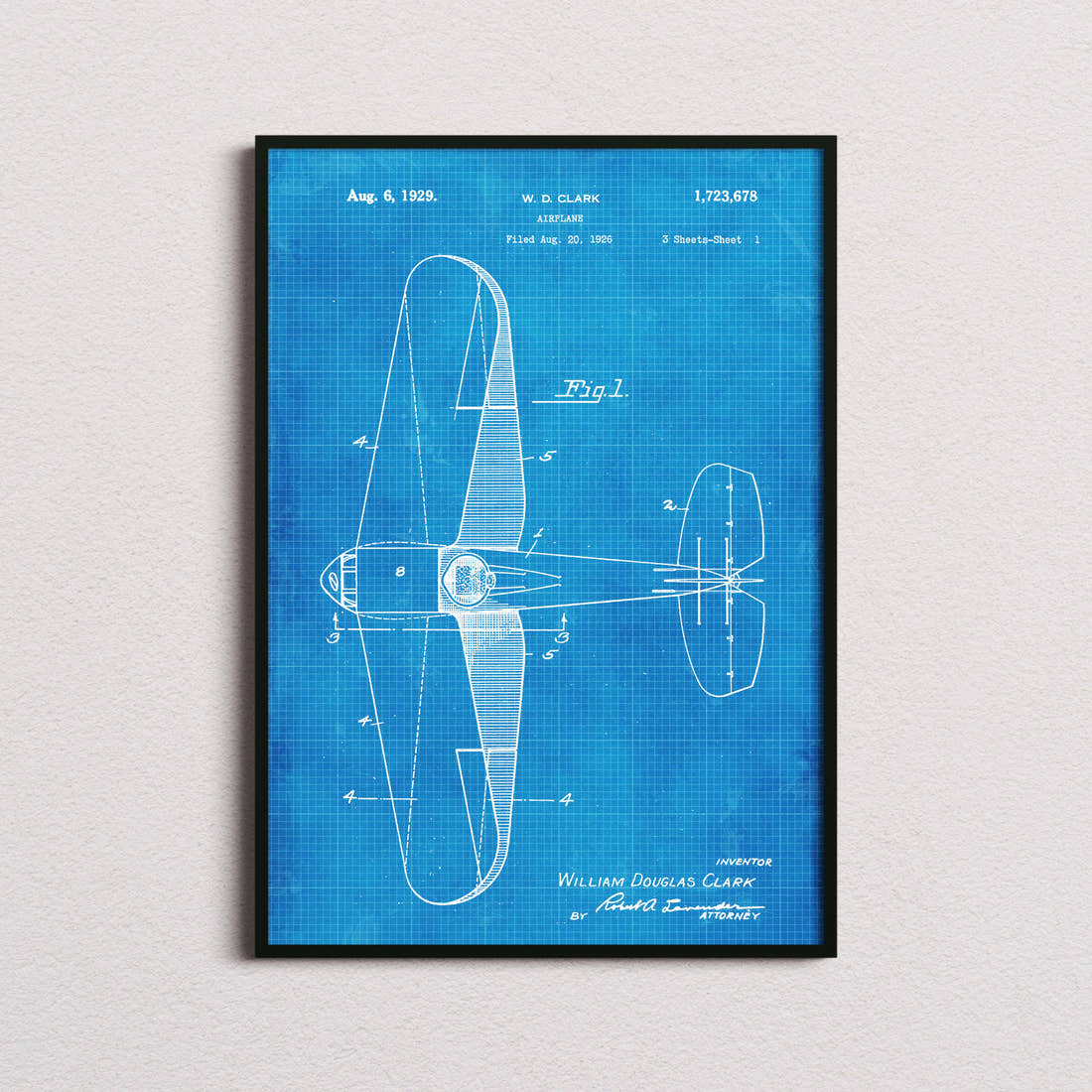Airplane (Clark) Patent Print in the blueprint colourway, framed
