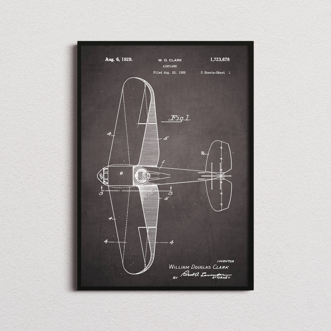 Airplane (Clark) Patent Print in the blackboard colourway, framed
