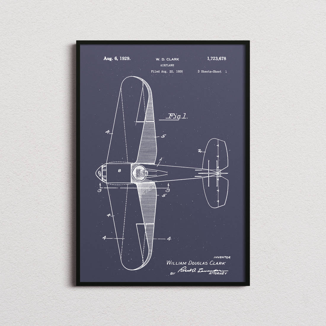 Airplane (Clark) Patent Print in the navy colourway, framed