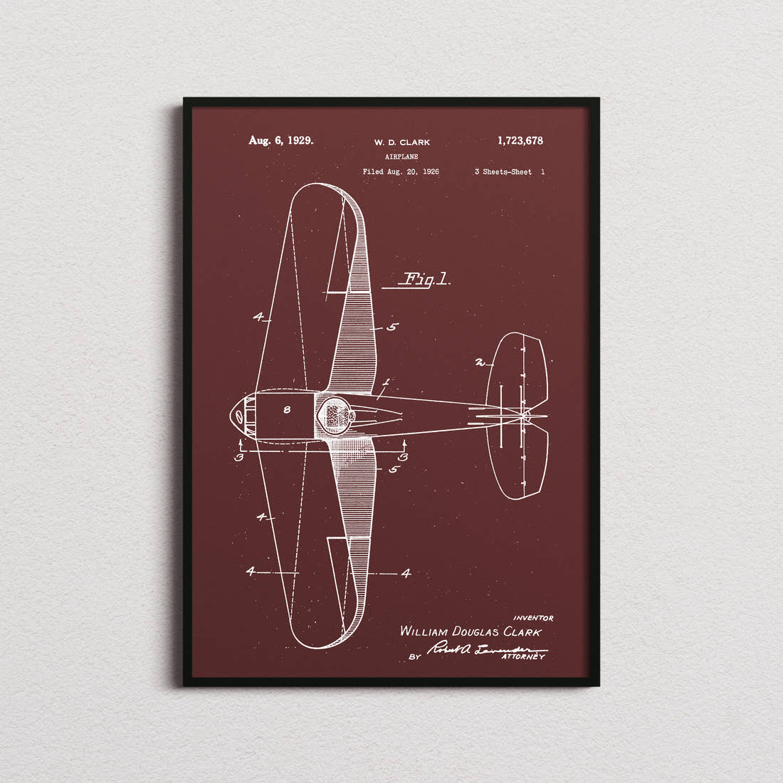 Airplane (Clark) Patent Print in the burgundy colourway, framed