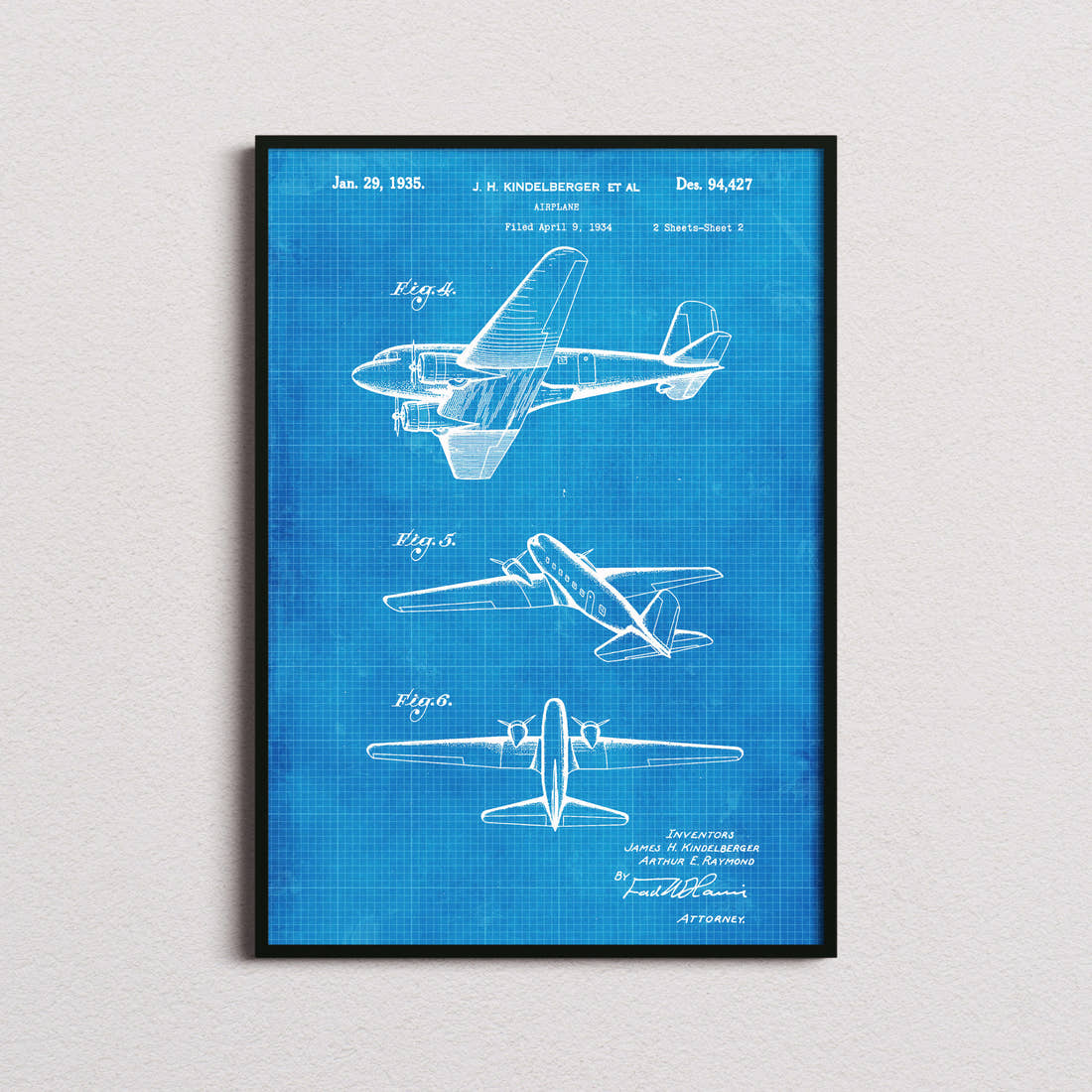 Airplane (Kindelberger) Patent Print in the blueprint colourway, framed